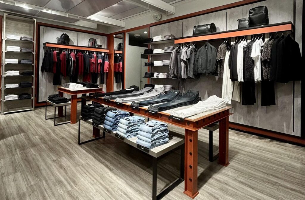 Denim tables and outerwear wall